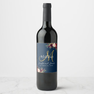 Etiqueta Para Botella De Vino Rosa floral de Borgoña Boda Monograma Azul