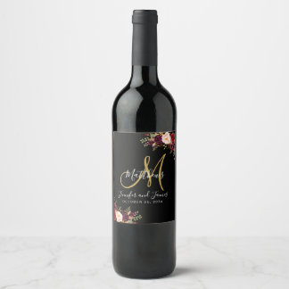 Etiqueta Para Botella De Vino Rosa floral de Borgoña Boda Monograma de Oro Negro