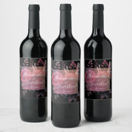Etiqueta Para Botella De Vino Rosa floral gótico oscuro Moody Boda