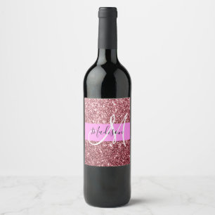 Etiqueta Para Botella De Vino Rosa Glamuroso Monograma con Brillo de Oro Rosado