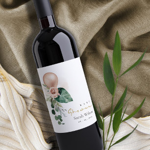 ETIQUETA PARA BOTELLA DE VINO ROSA GOLD BALLOON PEACH FLORAL BUNCH BABY SHOWER
