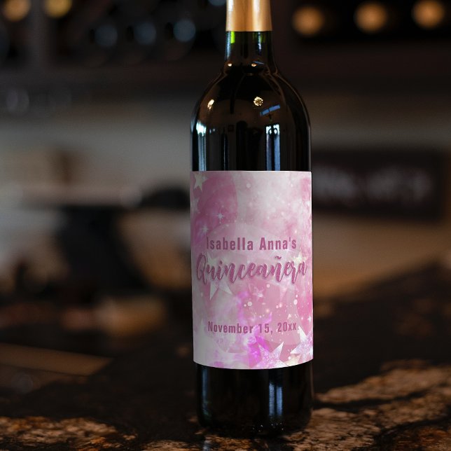 Etiqueta Para Botella De Vino Rosa Moderno Glam Gleaming Starry Quinceañera (Subido por el creador)