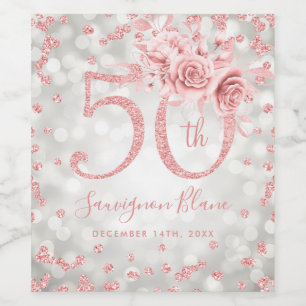 Etiqueta Para Botella De Vino Rosa Oro 50 cumpleaños Luces de Glam Floral Plata