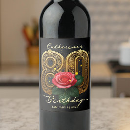 Etiqueta Para Botella De Vino Rosa roja vintage y filigrana dorada cumpleaños 80