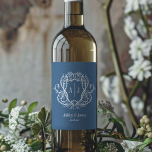 Etiqueta Para Botella De Vino Rosa Trepadora Acero Azul Cresta de Monograma Boda