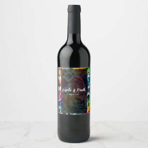 Etiqueta Para Botella De Vino Rosas arcoiris Boda floral vibrante blanco y negro