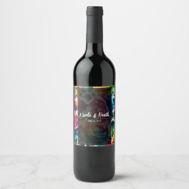 Etiqueta Para Botella De Vino Rosas Arcoíris Negras y Blancas Boda Floral Vibran