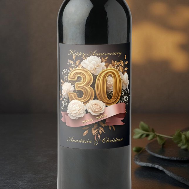 Etiqueta Para Botella De Vino Rosas Bouquet Gold 30° aniversario Boda (Subido por el creador)