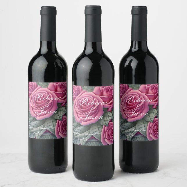 Etiqueta Para Botella De Vino Rosas de boda delicadas rosa pastel (Botellas)