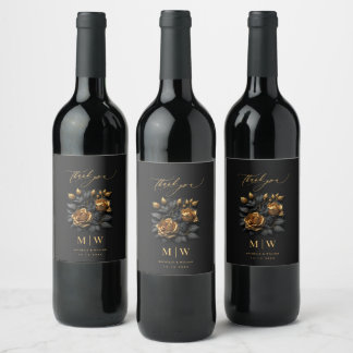 Etiqueta Para Botella De Vino Rosas de oro negro Boda gótico