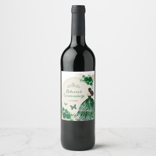 Etiqueta Para Botella De Vino Rosas del Boho Emerald Green Princesa Quinceañera (Anverso)