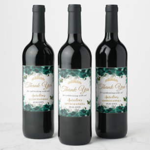 Etiqueta Para Botella De Vino Rosas florales de color verde esmeralda favorecen