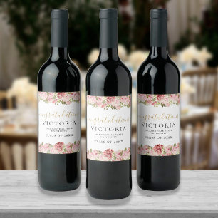 Etiqueta Para Botella De Vino Rosas Florales Graduación De Guión Negro Y Oro