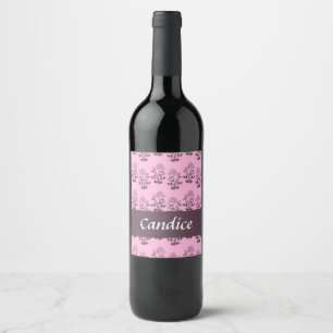 Etiqueta Para Botella De Vino Rosas morados y hojas patrón de silueta