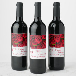 Etiqueta Para Botella De Vino Rosas rojas. 40.º Aniversario Boda