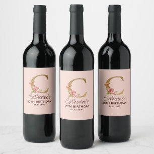 Etiqueta Para Botella De Vino Rosas rosadas con monograma de oro de la letra C