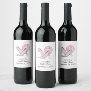 Etiqueta Para Botella De Vino Rosas rosadas personalizadas tacones de plata para