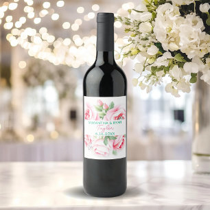 Etiqueta Para Botella De Vino Rosas rosadas y Boda de follaje verde fecha