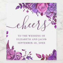 Etiqueta Para Botella De Vino Rosas rosados y morados. Boda floral de acuarela W