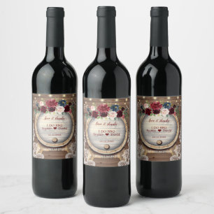 Etiqueta Para Botella De Vino Rubor Burgundy Floral Wine Barrel Boda BBQ