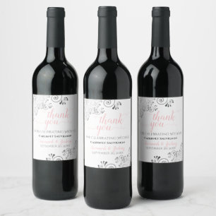 Etiqueta Para Botella De Vino Rubor Pink Calligraphy Gray Lace Boda Gracias