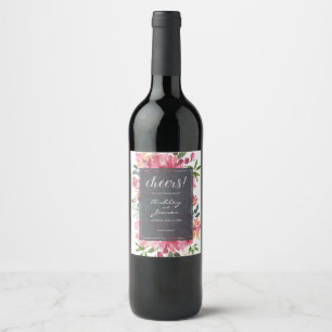 Etiqueta Para Botella De Vino Ruby Pink Peony Floral Botánica Chequeador Boda