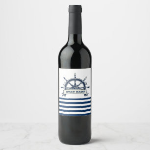 Etiqueta Para Botella De Vino Rueda de barco náutica, rayas blancas y azul marin
