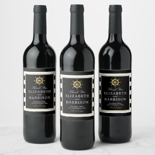 Etiqueta Para Botella De Vino Rueda Dorada Náutica Vintage, Boda Negra y Dorada
