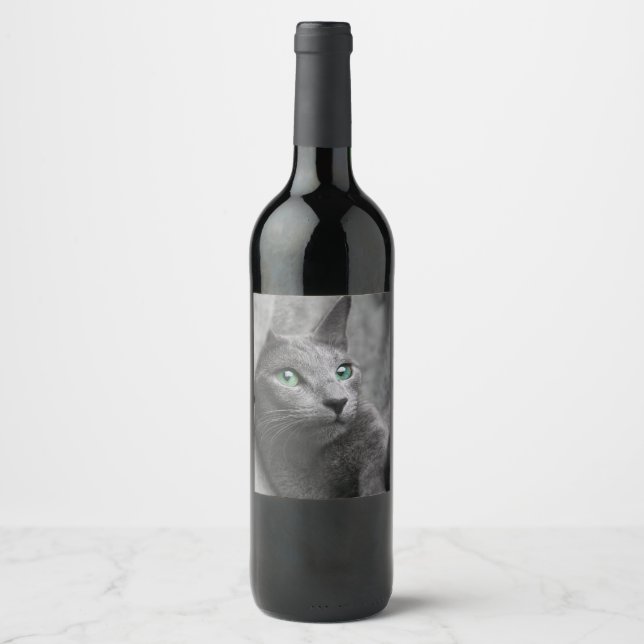 Etiqueta Para Botella De Vino Ruso-azul-gato con ojos verdes (Anverso)
