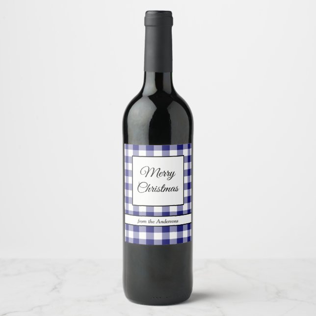 Etiqueta Para Botella De Vino Rustic Blue Plaid Feliz Navidad (Anverso)