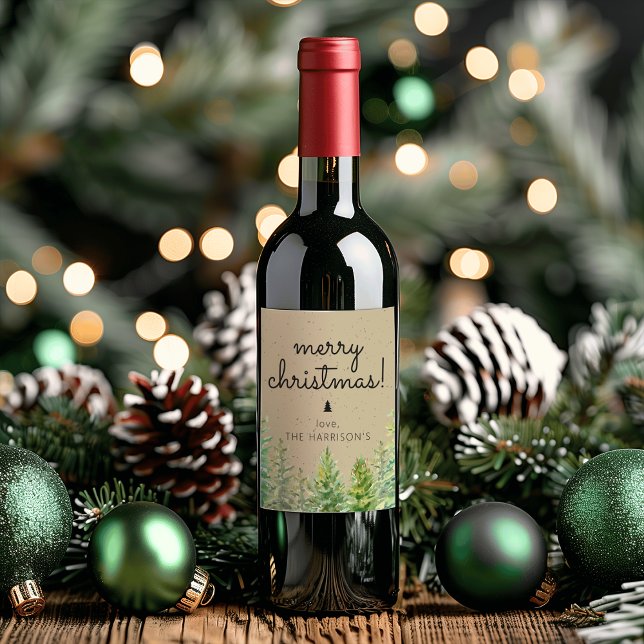 Etiqueta Para Botella De Vino Rustic Pine Trees Feliz Navidad (Rustic Pine Trees Merry Christmas Wine Label)