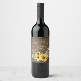 Etiqueta Para Botella De Vino Rustic Sunflower Mr. y Mrs. Floral Watercolor Wood