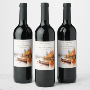 Etiqueta Para Botella De Vino Rústica impresión de lino con Boda del lago otoño