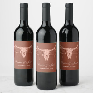 Etiqueta Para Botella De Vino Rústica Terracota Western Cow Skull