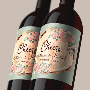 Etiqueta Para Botella De Vino Rústico Anillos de madera de corteza acuarela Rose