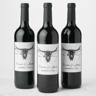 Etiqueta Para Botella De Vino Rústico Boda de cráneo de vaca negro occidental