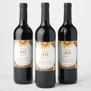 Etiqueta Para Botella De Vino Rústico Boho Autumn Sunflower 40 Fiesta de cumplea