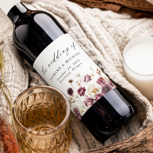 Etiqueta Para Botella De Vino Rústico otoño de Marsala Boda de Floral Meadow