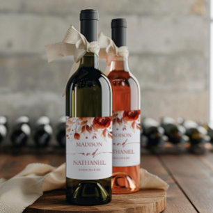 Etiqueta Para Botella De Vino Rusty Burgundy Brown Boda de Flor Floral
