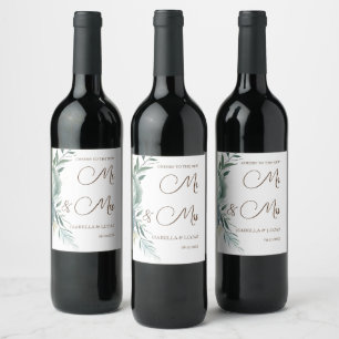 Etiqueta Para Botella De Vino Sage Green Floral Boda Sr. y Sra.