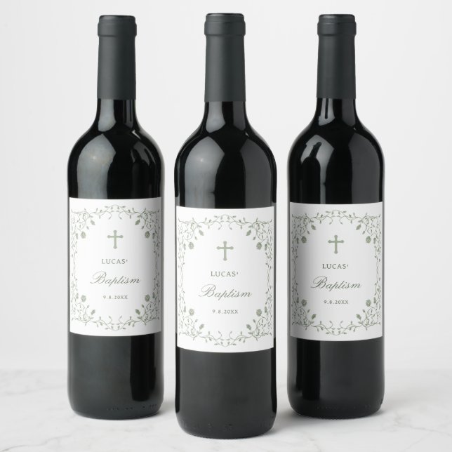 Etiqueta Para Botella De Vino Sage Green Foliage Frame Baptism (Botellas)