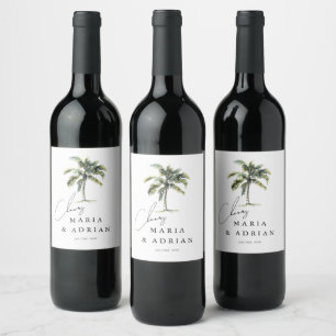 Etiqueta Para Botella De Vino ¡Salud! Boda Tropical de Playa con Palma