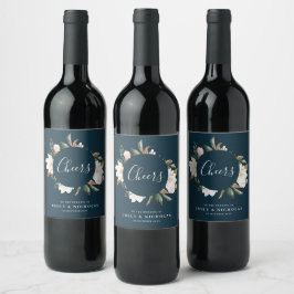 Etiqueta Para Botella De Vino SALUD | magnolia blanca azul marino floral