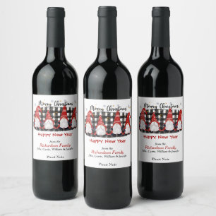 Etiqueta Para Botella De Vino Saludo de los Navidades de Buffalo Plaid Gnome