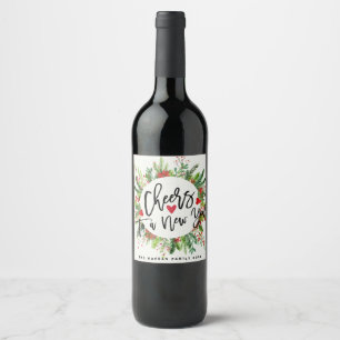 Etiqueta Para Botella De Vino Saludos a un saludo Holly Wreath de Año Nuevo