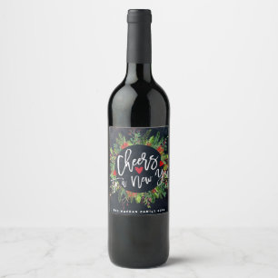 Etiqueta Para Botella De Vino Saludos a un saludo Holly Wreath de Año Nuevo