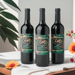 Etiqueta Para Botella De Vino Saludos Al Marco De Oro Floral Tropical Boda