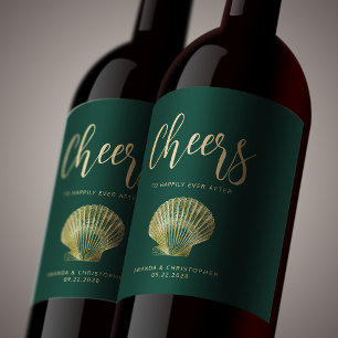 Etiqueta Para Botella De Vino Saludos Dark Green Gold Coast Beach Wedding