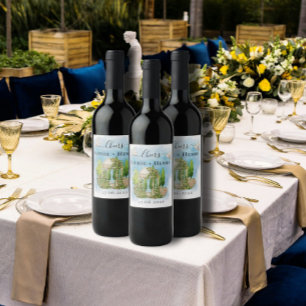 Etiqueta Para Botella De Vino Saludos Gazebo flores palomas Boda Lujo