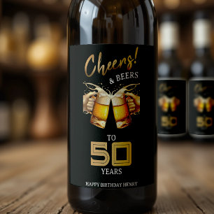 Etiqueta Para Botella De Vino Saludos y cervezas de oro y negro 50 años 50 cumpl